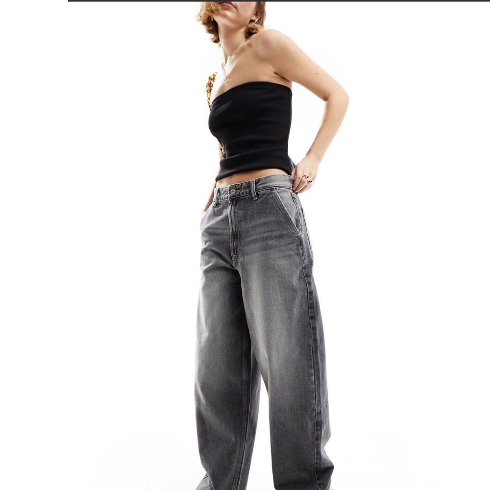 Bershka Wide Leg Baggy Jeans Women 2 Faded Black Grey Distressed High Rise